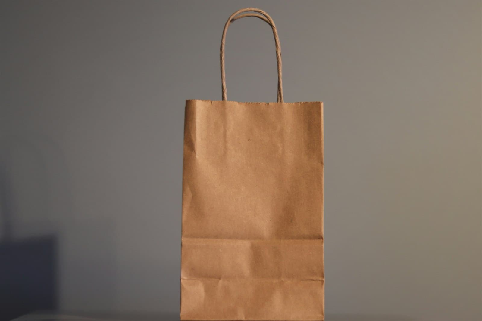 Bolsa de papel para llevar, sin marca, sobre una mesa con fondo gris