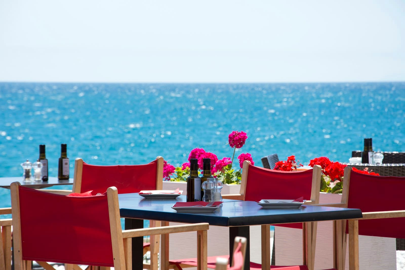 Mesas con sillas rojas en la terraza de un restaurante junto al mar en Marbella, con aceite de oliva y geranios
