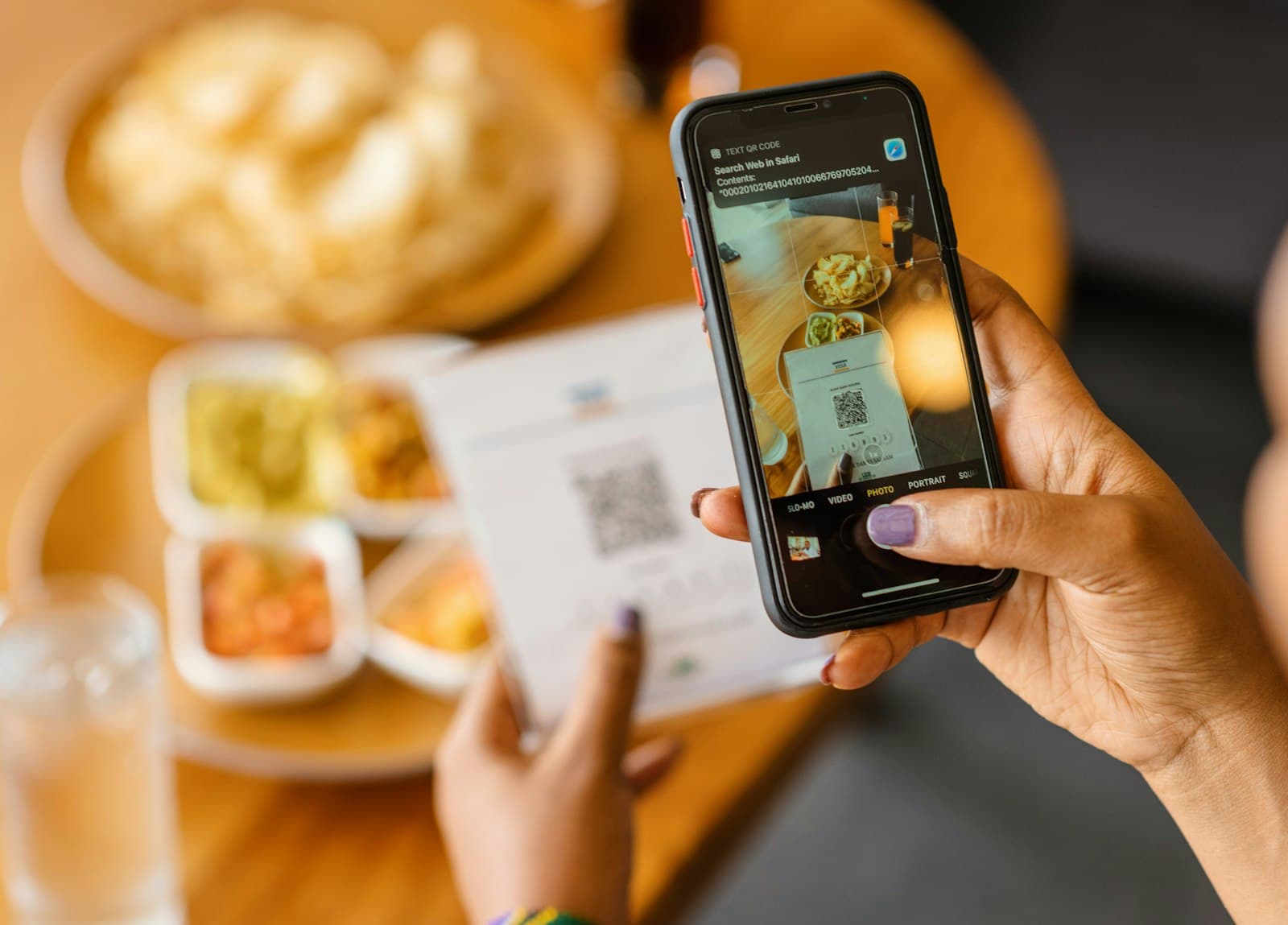 Clienta escaneando con el móvil el código QR de la carta en una mesa con platos para compartir